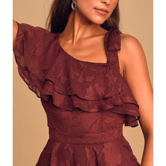 Lulu’s Wine One-Shoulder Ruffled Tiered Maxi Dress - Picture 3 of 5